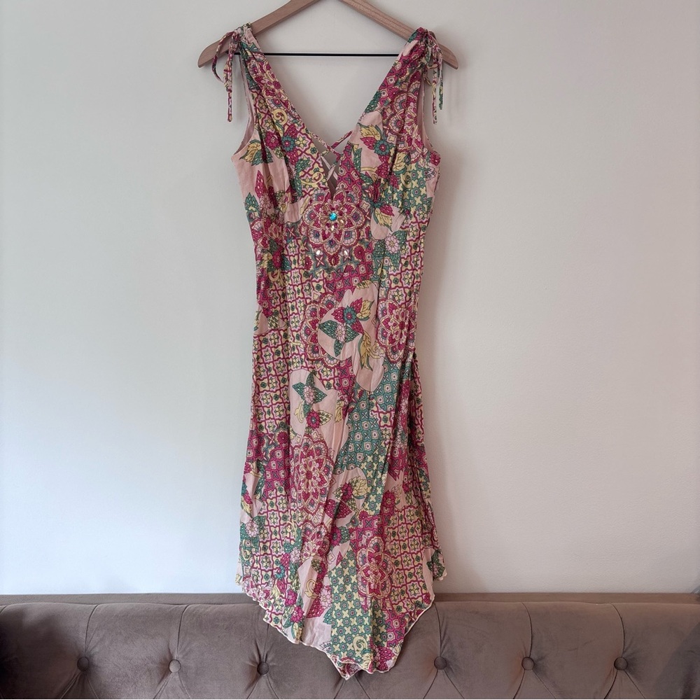 To the Max Pink and Green V-Neck Tie-Shoulder Patchwork Dress Size 6